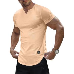 JMIERR Mens Muscle Slim T Shirt V-Neck Longline Henley Shirt Gym Workout Athletic Tee Shirts(A Khaki)