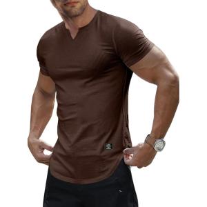 JMIERR Mens Muscle Slim T Shirt V-Neck Longline Henley Shirt Gym Workout Athletic Tee Shirts(B Dark Brown)