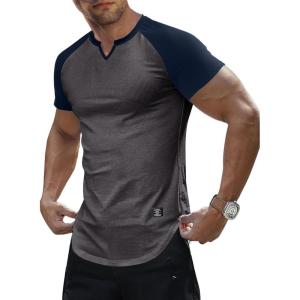 JMIERR Mens Muscle Slim T Shirt V-Neck Longline Henley Shirt Gym Workout Athletic Tee Shirts(C Grey & Blue)