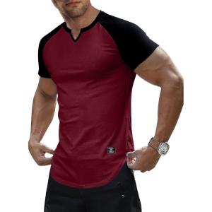JMIERR Mens Muscle Slim T Shirt V-Neck Longline Henley Shirt Gym Workout Athletic Tee Shirts(C Red & Black)