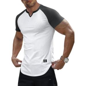 JMIERR Mens Muscle Slim T Shirt V-Neck Longline Henley Shirt Gym Workout Athletic Tee Shirts(C White & Grey)