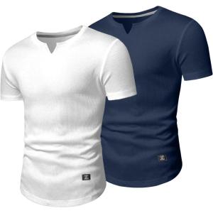 JMIERR Mens Muscle Slim T Shirt V-Neck Longline Henley Shirt Gym Workout Athletic Tee Shirts(Pack-white/Blue)