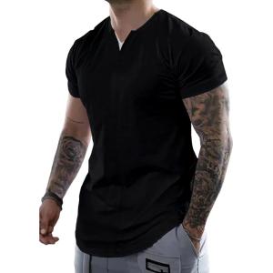 JMIERR Mens Muscle Slim T Shirts Summer V Neck Gym Shirt Casual Cotton Workout Athletic Longline Tees(0 Black)