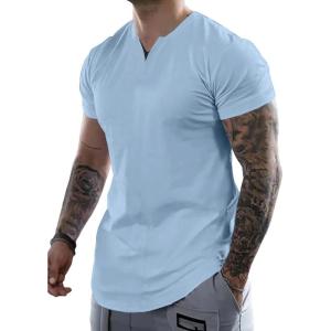 JMIERR Mens Muscle Slim T Shirts Summer V Neck Gym Shirt Casual Cotton Workout Athletic Longline Tees(A Blue)