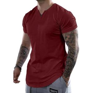 JMIERR Mens Muscle Slim T Shirts Summer V Neck Gym Shirt Casual Cotton Workout Athletic Longline Tees(A Red)