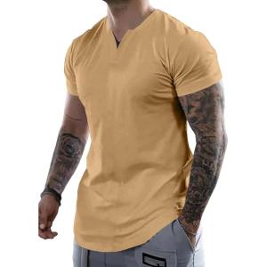 JMIERR Mens Muscle Slim T Shirts Summer V Neck Gym Shirt Casual Cotton Workout Athletic Longline Tees(B Beige)