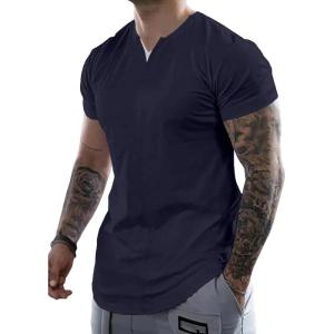 JMIERR Mens Muscle Slim T Shirts Summer V Neck Gym Shirt Casual Cotton Workout Athletic Longline Tees(B Blue 1)