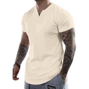 JMIERR Mens Muscle Slim T Shirts Summer V Neck Gym Shirt Casual Cotton Workout Athletic Longline Tees(E Beige)
