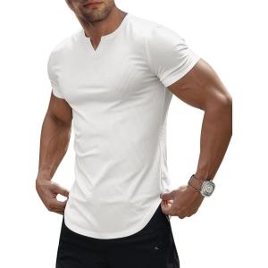 JMIERR Men’s Muscle V-Neck T Shirt Short Sleeve Longline Ribbed Henley Shirt Gym Workout Athletic Tee Shirts(0 White)
