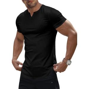 JMIERR Men’s Muscle V-Neck T Shirt Short Sleeve Longline Ribbed Henley Shirt Gym Workout Athletic Tee Shirts(01 Black)