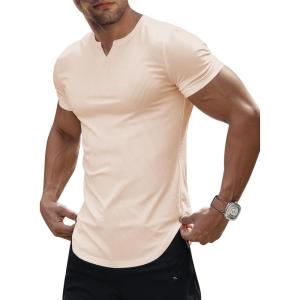JMIERR Men’s Muscle V-Neck T Shirt Short Sleeve Longline Ribbed Henley Shirt Gym Workout Athletic Tee Shirts(Apricot)