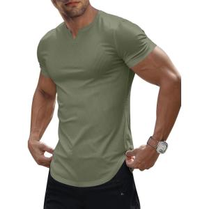 JMIERR Men’s Muscle V-Neck T Shirt Short Sleeve Longline Ribbed Henley Shirt Gym Workout Athletic Tee Shirts(Army Green)