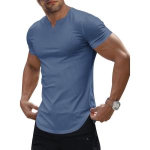 JMIERR Men’s Muscle V-Neck T Shirt Short Sleeve Longline Ribbed Henley Shirt Gym Workout Athletic Tee Shirts(Blue)