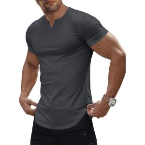 JMIERR Men’s Muscle V-Neck T Shirt Short Sleeve Longline Ribbed Henley Shirt Gym Workout Athletic Tee Shirts(Dark Grey)
