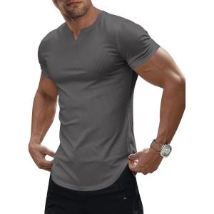 JMIERR Men’s Muscle V-Neck T Shirt Short Sleeve Longline Ribbed Henley Shirt Gym Workout Athletic Tee Shirts(Grey)