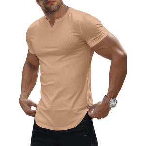 JMIERR Men’s Muscle V-Neck T Shirt Short Sleeve Longline Ribbed Henley Shirt Gym Workout Athletic Tee Shirts(Khaki)