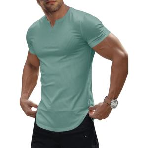 JMIERR Men’s Muscle V-Neck T Shirt Short Sleeve Longline Ribbed Henley Shirt Gym Workout Athletic Tee Shirts(Mist Green)