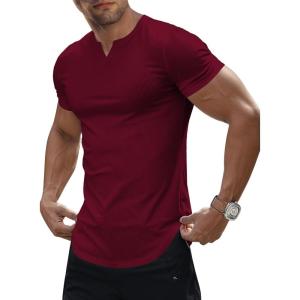 JMIERR Men’s Muscle V-Neck T Shirt Short Sleeve Longline Ribbed Henley Shirt Gym Workout Athletic Tee Shirts(Red)