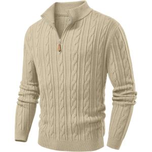 JMIERR Men’s Quarter Zip Pullover Sweater Cable Knit Casual Stand Collar Texture Knitted Sweaters(Beige)