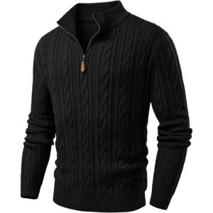 JMIERR Men’s Quarter Zip Pullover Sweater Cable Knit Casual Stand Collar Texture Knitted Sweaters(Black)