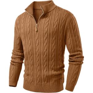 JMIERR Men’s Quarter Zip Pullover Sweater Cable Knit Casual Stand Collar Texture Knitted Sweaters(Brown)