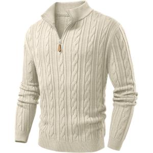 JMIERR Men’s Quarter Zip Pullover Sweater Cable Knit Casual Stand Collar Texture Knitted Sweaters(Light Beige)