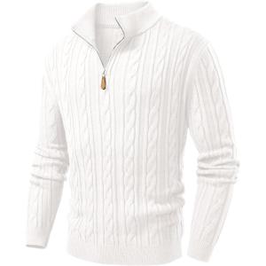 JMIERR Men’s Quarter Zip Pullover Sweater Cable Knit Casual Stand Collar Texture Knitted Sweaters(White)