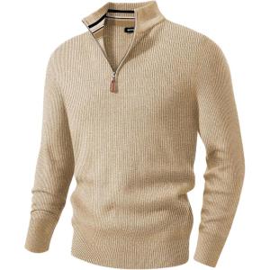 JMIERR Mens Quarter Zip Pullover Sweaters Casual Long Sleeve Fall Knit Texture Sweater(Beige)