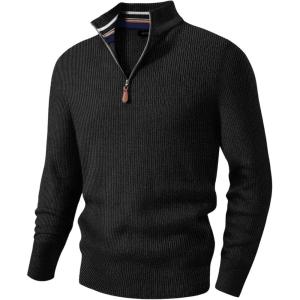 JMIERR Mens Quarter Zip Pullover Sweaters Casual Long Sleeve Fall Knit Texture Sweater(Black)