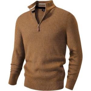 JMIERR Mens Quarter Zip Pullover Sweaters Casual Long Sleeve Fall Knit Texture Sweater(Brown)