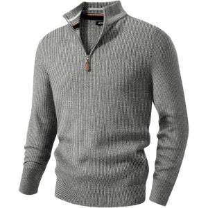 JMIERR Mens Quarter Zip Pullover Sweaters Casual Long Sleeve Fall Knit Texture Sweater(Grey)