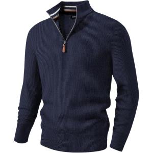 JMIERR Mens Quarter Zip Pullover Sweaters Casual Long Sleeve Fall Knit Texture Sweater(Navy Blue)