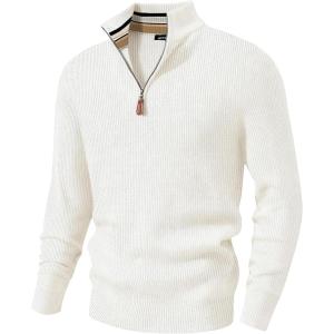 JMIERR Mens Quarter Zip Pullover Sweaters Casual Long Sleeve Fall Knit Texture Sweater(White)