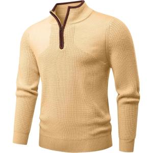 JMIERR Mens Quarter Zip Sweater Lightweight Mock Neck Casual Long Sleeve Knitted Solid Pullover Sweaters(A4 Khaki)
