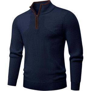 JMIERR Mens Quarter Zip Sweater Lightweight Mock Neck Casual Long Sleeve Knitted Solid Pullover Sweaters(A5 Navy Blue)