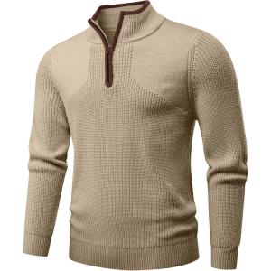 JMIERR Mens Quarter Zip Sweater Lightweight Mock Neck Casual Long Sleeve Knitted Solid Pullover Sweaters(A5 Shallow Khaki)