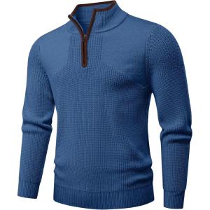 JMIERR Mens Quarter Zip Sweater Lightweight Mock Neck Casual Long Sleeve Knitted Solid Pullover Sweaters(A9 Prussian Blue)