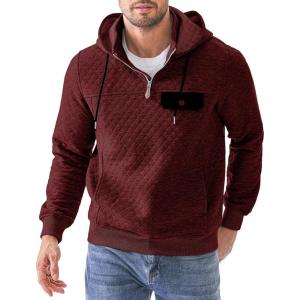 JMIERR Men’s Quilted Hoodies Casual Long Sleeve Quarter-Zip Pullover Sweatshirt with Pockets(Burgundy)