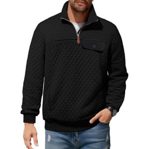 JMIERR Men’s Quilted Sweatshirt Casual Long Sleeve Outdoor Stand Collar Quarter-Zip Pullover Sweatshirts(A Black)