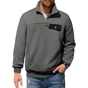 JMIERR Men’s Quilted Sweatshirt Casual Long Sleeve Outdoor Stand Collar Quarter-Zip Pullover Sweatshirts(A Dark Grey)