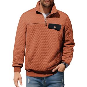 JMIERR Men’s Quilted Sweatshirt Casual Long Sleeve Outdoor Stand Collar Quarter-Zip Pullover Sweatshirts(A Orange)