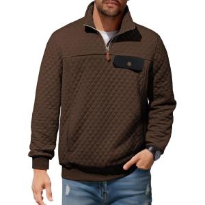 JMIERR Men’s Quilted Sweatshirt Casual Long Sleeve Outdoor Stand Collar Quarter-Zip Pullover Sweatshirts(Brown)