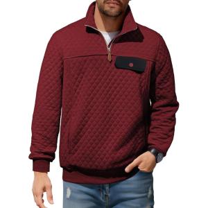 JMIERR Men’s Quilted Sweatshirt Casual Long Sleeve Outdoor Stand Collar Quarter-Zip Pullover Sweatshirts(Burgundy)