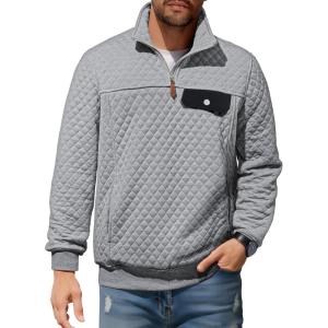 JMIERR Men’s Quilted Sweatshirt Casual Long Sleeve Outdoor Stand Collar Quarter-Zip Pullover Sweatshirts(Light Grey)
