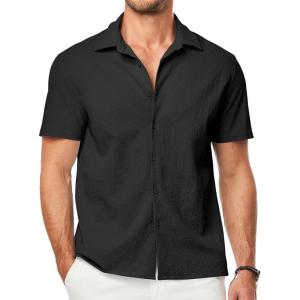 JMIERR Men’s Seersucker Shirts Short Sleeve Casual Button Down Shirt Beach Summer Vacation Wedding Tops(Black)
