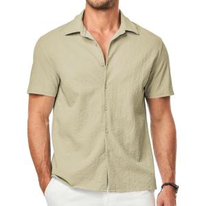 JMIERR Men’s Seersucker Shirts Short Sleeve Casual Button Down Shirt Beach Summer Vacation Wedding Tops(Khaki)