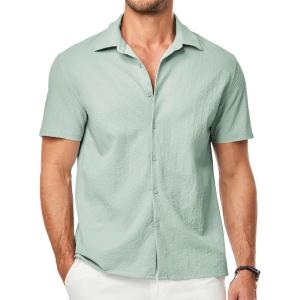JMIERR Men’s Seersucker Shirts Short Sleeve Casual Button Down Shirt Beach Summer Vacation Wedding Tops(Light Green)