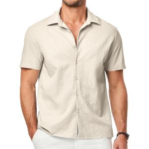 JMIERR Men’s Seersucker Shirts Short Sleeve Casual Button Down Shirt Beach Summer Vacation Wedding Tops(Light Grey)