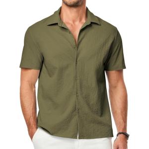 JMIERR Men’s Seersucker Shirts Short Sleeve Casual Button Down Shirt Beach Summer Vacation Wedding Tops(Moss Green)