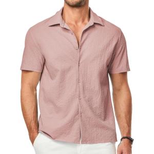 JMIERR Men’s Seersucker Shirts Short Sleeve Casual Button Down Shirt Beach Summer Vacation Wedding Tops(Rose)